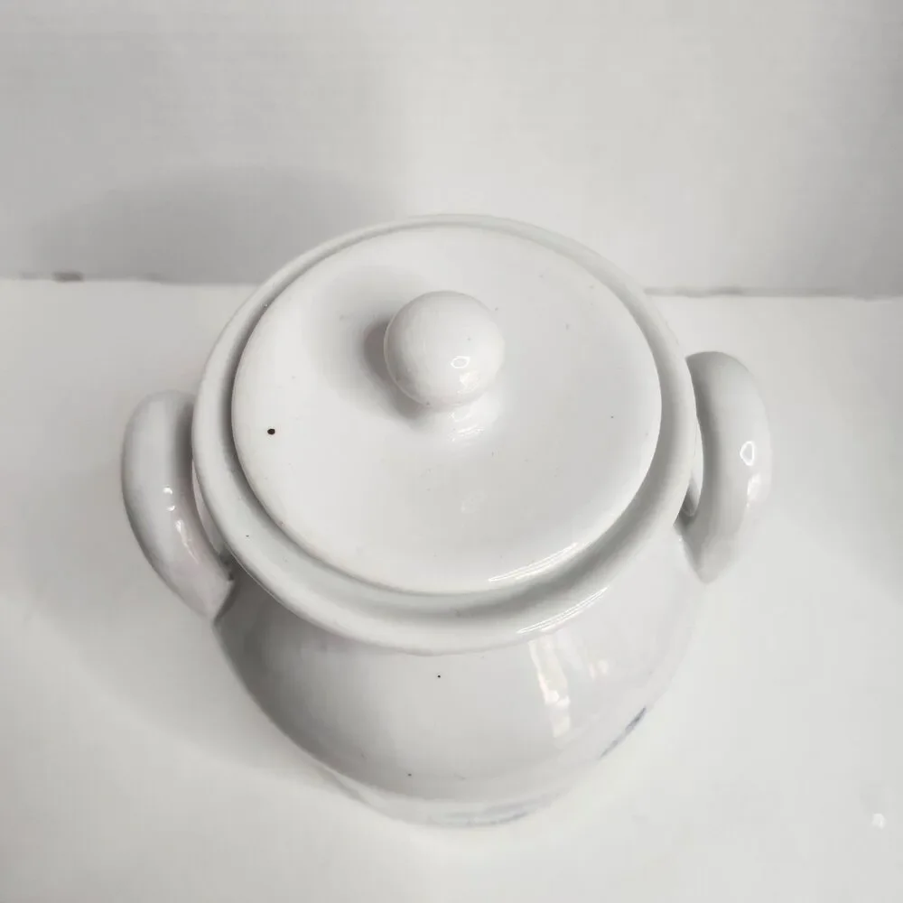 Vintage Ceramic Crock Canister Blue Flower Box Double Handles With Lid